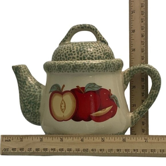 Vintage Teapot Stoneware Apple Motif Tender Hearts Treasures Primitive Farmhouse - Picture 12 of 16